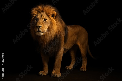 Powerful portrait of a regal African lion emerging from the shadows, its golden gaze fixed on the horizon against a stark black backdrop
