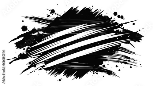 Vector art of abstract black ink brush stroke with paint splatters isolated on white background, grunge artistic element for design