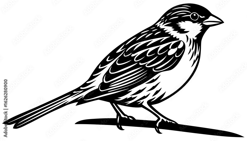 Fototapeta premium Minimal black silhouette of sparrow, sitting on branch, clean outline, vector style
