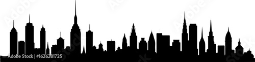 Black vector silhouette illustration of the New York City skyline with iconic skyscrapers at night