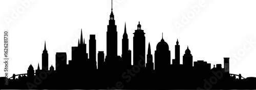Black vector silhouette illustration of the New York City skyline with iconic skyscrapers at night