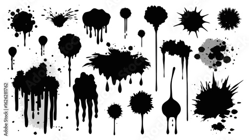 Vector art of collection of black ink splashes and splatters isolated on white background, abstract grunge design elements with dripping paint drops and messy stains