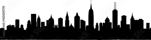 Black vector silhouette illustration of the New York City skyline with iconic skyscrapers at night