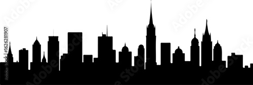 Black vector silhouette illustration of the New York City skyline with iconic skyscrapers at night