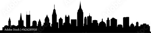 Black vector silhouette illustration of the New York City skyline with iconic skyscrapers at night
