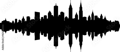 Black vector silhouette illustration of the New York City skyline with iconic skyscrapers at night