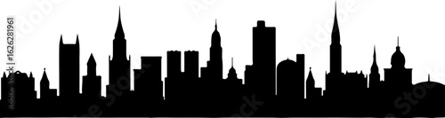 Black vector silhouette illustration of the New York City skyline with iconic skyscrapers at night