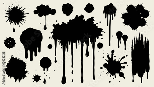 Vector art of set of black ink splashes, splatters, drips, and blots isolated on a light beige background, showcasing grunge and messy artistic elements