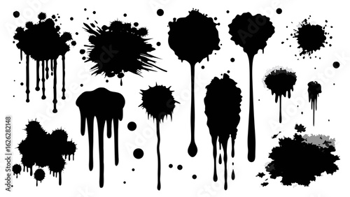 Vector art of assortment of black ink splashes, splatters, drips, and blots isolated on a white background, conveying a grunge and artistic messy aesthetic