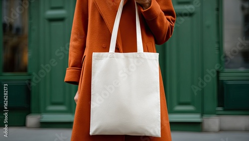 Woman in orange coat carrying blank white tote bag