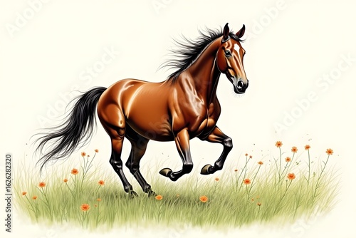 Beautiful brown horse running freely through a lush green meadow with wildflowers in the sunshine