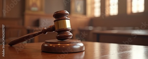 Wooden gavel on a polished courtroom bench. Blurred background suggests justice hall setting. Symbol of law, authority, judgement, and tradition. Serious, orderly atmosphere.