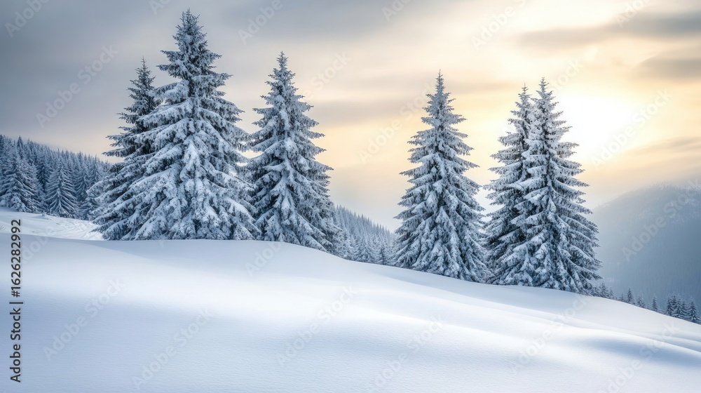 Snowy mountain landscape with frosted trees Snowy mountain landscape with frosted trees