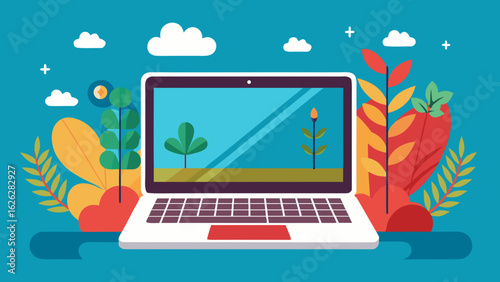 Vector art of modern laptop computer with plants and clouds in a flat design illustration, representing technology and nature connection in a digital world