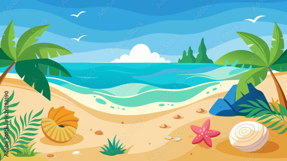 Fototapeta premium Vector art of idyllic summer beach with gentle waves, palm trees, and unique shells scattered on the golden sand, evoking a sense of tropical escape