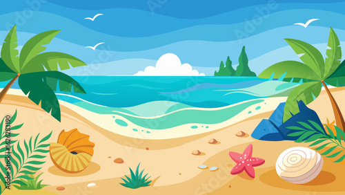 Vector art of idyllic summer beach with gentle waves, palm trees, and unique shells scattered on the golden sand, evoking a sense of tropical escape