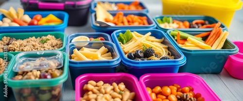 Vibrant, healthy meal prepped in colorful containers ready for travel,   delicious,  nutrition
