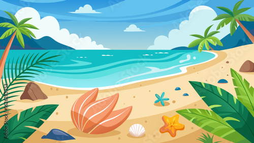 Vector art of idyllic tropical beach with clear blue ocean waves, sandy shore, exotic plants, and seashells, perfect for a summer holiday escape and coastal relaxation