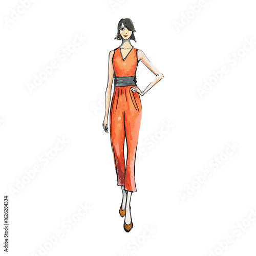 woman in orange dress catwalk fashion show veto illustrator