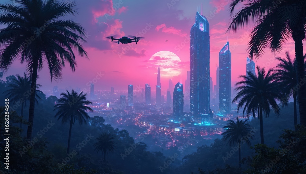 Obraz premium Futuristic cityscape at dusk featuring towering skyscrapers, neon lights under vibrant pink, purple sky. Palm trees frame urban landscape, drone flies overhead, blend of nature, advanced technology.