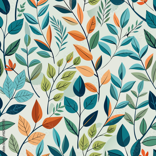 Vector art of artistic seamless botanical pattern with stylized branches and leaves in a palette of green, teal, blue, yellow, and orange on a pale background, suitable for decor