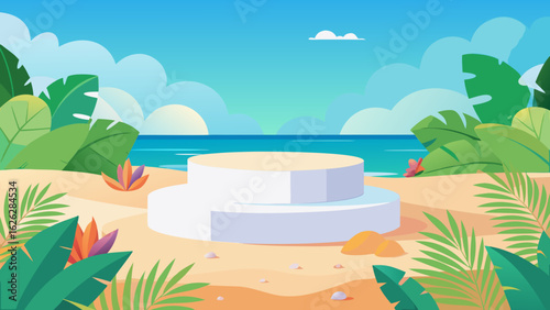 Vector art of a tropical beach scene with a modern podium display, surrounded by lush green palm leaves and plants, set against a blue ocean and sky backdrop