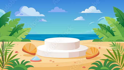 Vector art of idyllic tropical beach setting featuring a clean white podium for showcasing products, framed by vibrant green palm leaves and shells