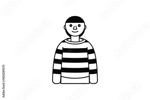 A simple black and white illustration of a prisoner wearing a striped uniform and cap presented as a silhouette