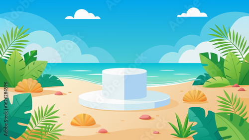 Vector art of tropical beach scene with a white podium for product display, surrounded by lush green foliage and shells, under a clear blue sky with fluffy clouds