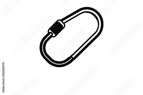 A simple black and white illustration of an oval shaped carabiner with a screw gate closure presented in a clean silhouette style