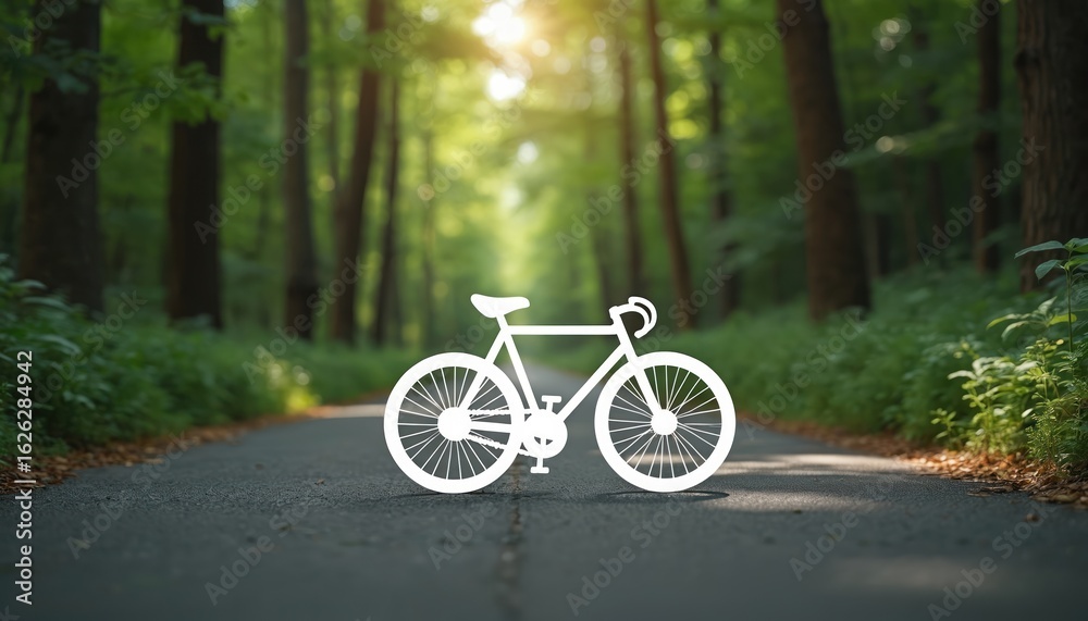 Fototapeta premium White bicycle on paved forest road, symbolizing active lifestyle, fitness, and exploration. Sun shines through trees creating peaceful atmosphere for cycling adventure and healthy recreation.