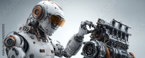 Futuristic robot mechanic performs repair on industrial engine showcasing advanced technology