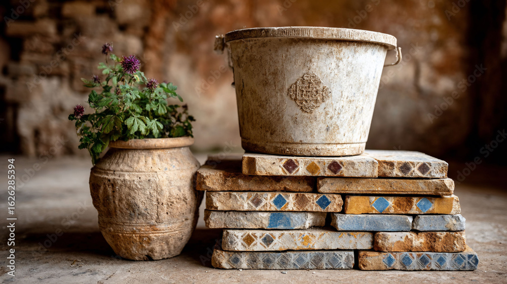 Fototapeta premium Weathered bucket and vase beside tiled steps