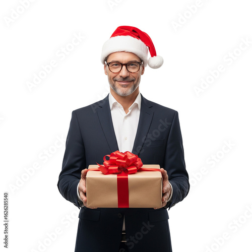 Businessman with christmas gift isolated on transparent background