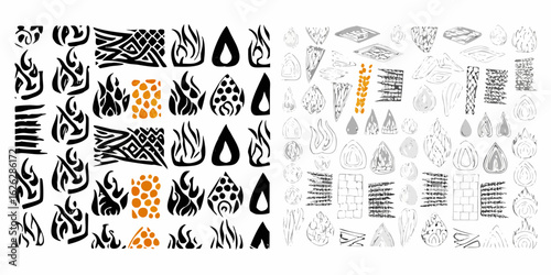 Collection of abstract hand drawn flame and teardrop shapes in black white and orange colors