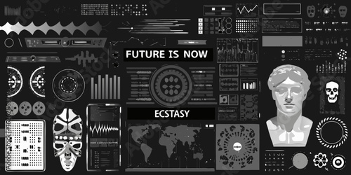 Futuristic digital interface with data visualizations abstract elements and human skull and bust imagery
