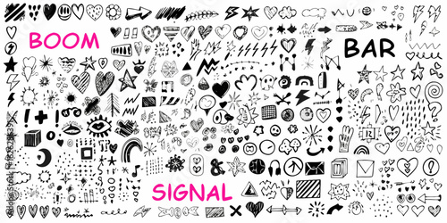 Collection of hand drawn doodle elements including hearts stars arrows clouds and abstract shapes with text