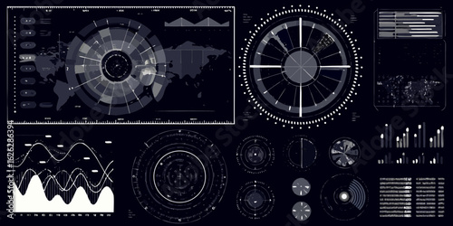 Futuristic digital interface displaying global data analytics with charts and graphs on a dark background