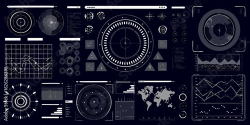 Futuristic digital interface displaying complex data analytics and global information with charts and graphs