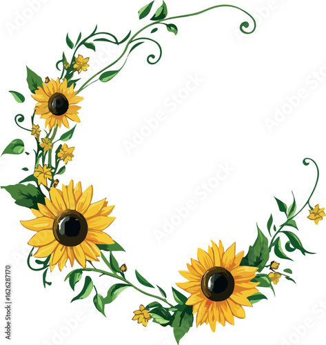 Elegant crescent moon shape formed by vibrant sunflowers and delicate green foliage