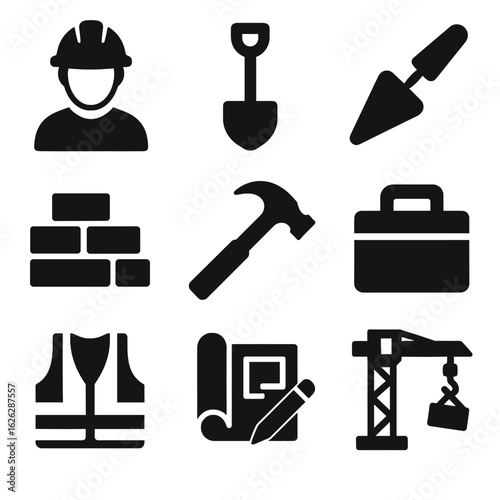 Collection of construction and building industry icons. Set of black glyphs representing worker, tools, and equipment.