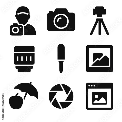 Simple photography and digital imaging solid icon set. Includes camera, photographer, lens, and media symbols for web and print.