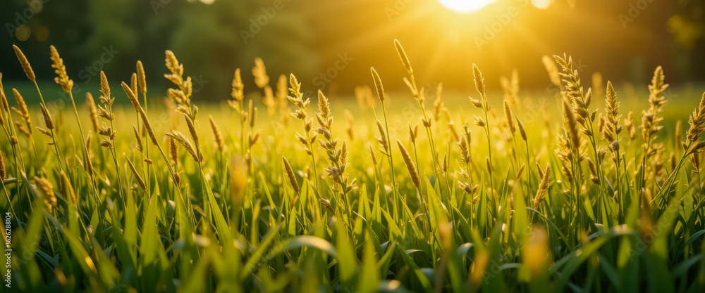 Fototapeta premium The sun sets over a field of wheat, creating a beautiful landscape.