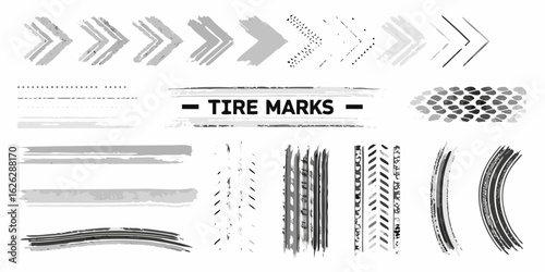 Collection of grunge tire tracks and directional arrows in various styles and textures