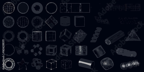Collection of abstract 3d geometric shapes and wireframe models on a dark background