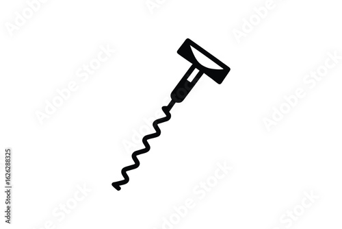 A simple black silhouette of a corkscrew with a t shaped handle and a spiraled metal worm for opening wine bottles