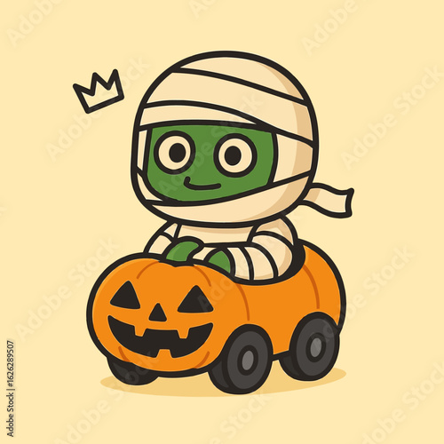 illustration featuring a green-faced cartoon mummy wrapped in white bandages