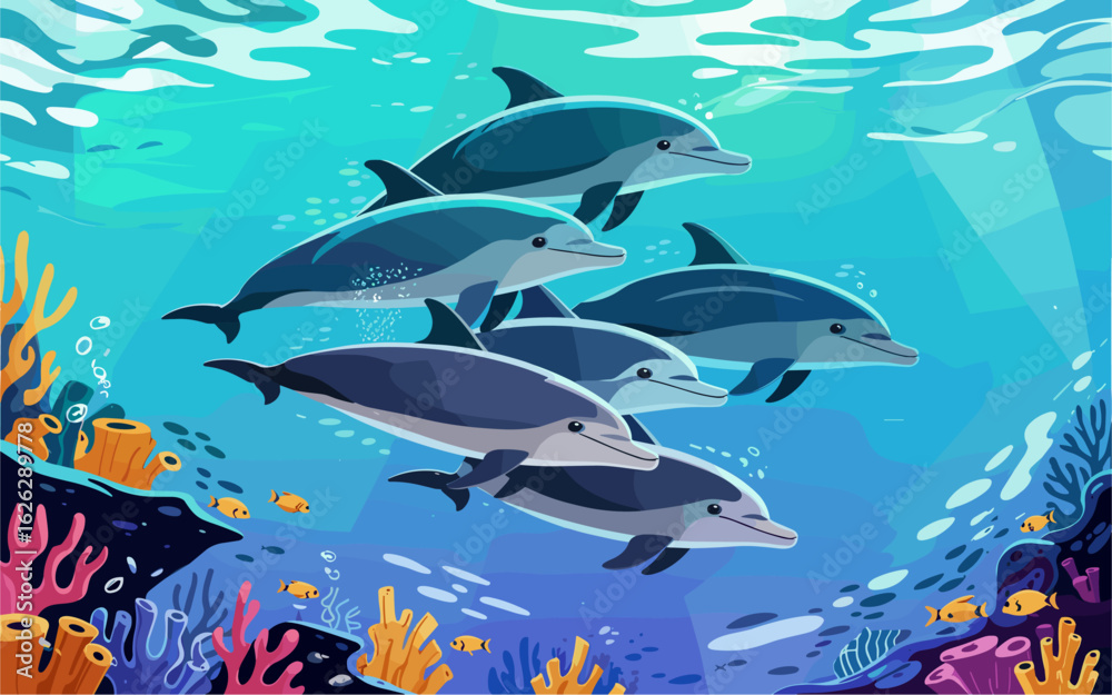 Obraz premium Flat vector illustration of five dolphins swimming above a vibrant coral reef wall in turquoise-to-indigo ocean water. Sunlight, shading, and marine life add depth and serenity