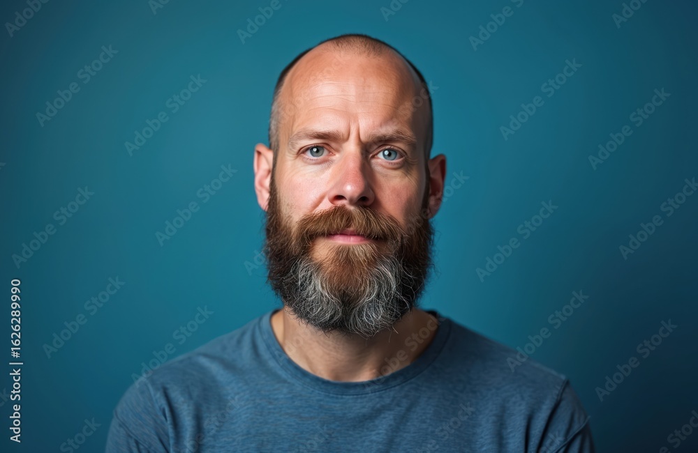 Close-up portrait of middle-aged man with full beard, striking blue eyes, set against solid blue studio background. Expression serious, with slightly furrowed brow, suggesting contemplation moment of Close-up portrait of middle-aged man with full beard, striking blue eyes, set against solid blue studio background. Expression serious, with slightly furrowed brow, suggesting contemplation moment of