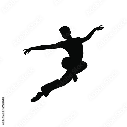 Silhouette of a male ballet dancer leaping gracefully with arms outstretched